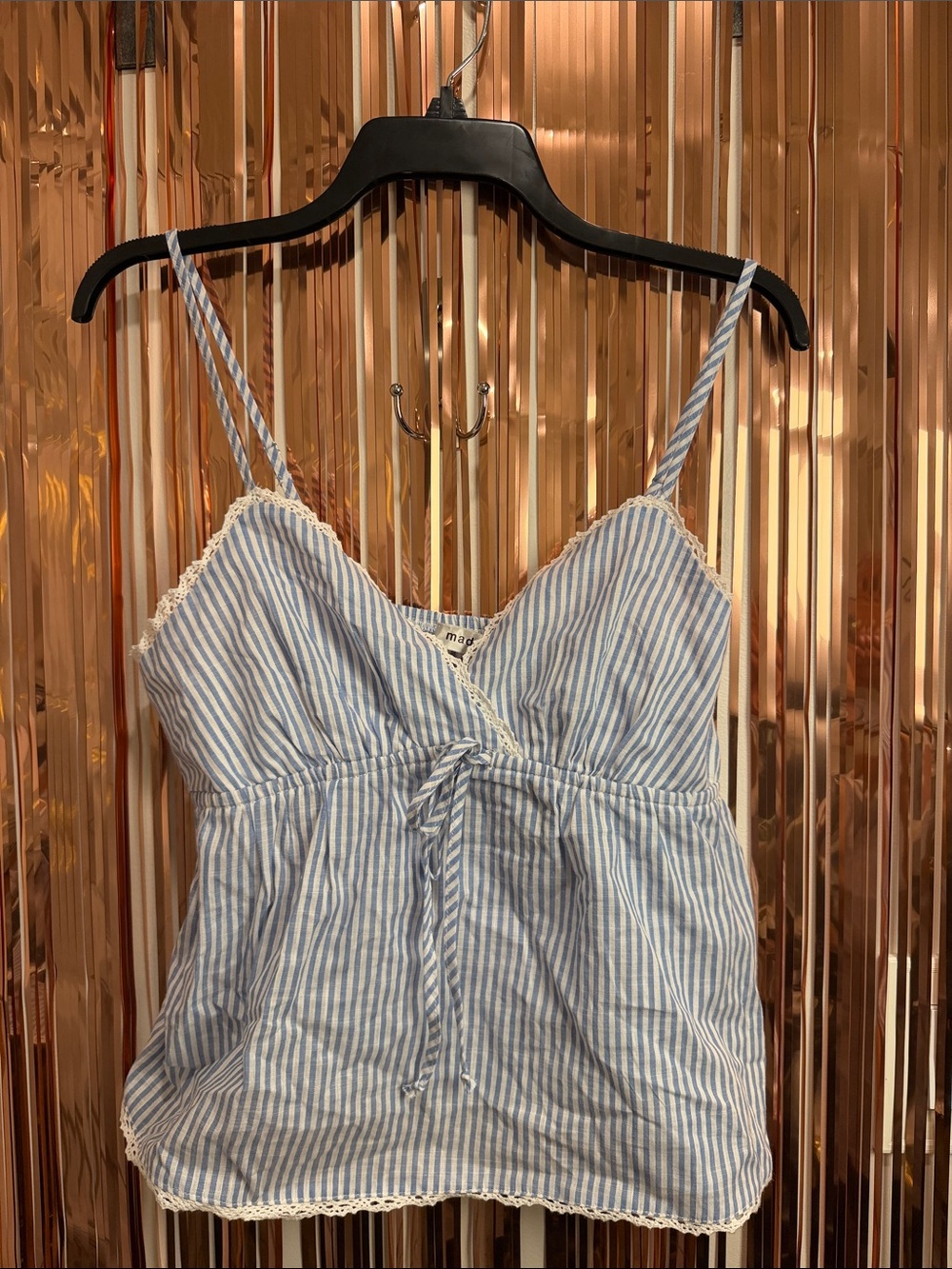 Madden Girl Blue and White Striped Tie-Front Lace-Trim Camisole NEW XL